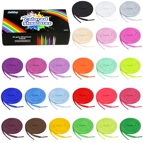 Auihiay 24 Pairs 40' Flat Colored Shoelaces Shoestrings for Sneakers Skate Shoes Sport Shoes Boots