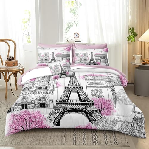 Bedbay 8 Pieces Pink and Grey Comforter Set Queen Size Paris Comforter Set Queen Pink Bedding Set Bed in a Bag Eiffel Tower Beautiful Blossom Floral Paris Themed Bedroom Decor(Pink,Queen)
