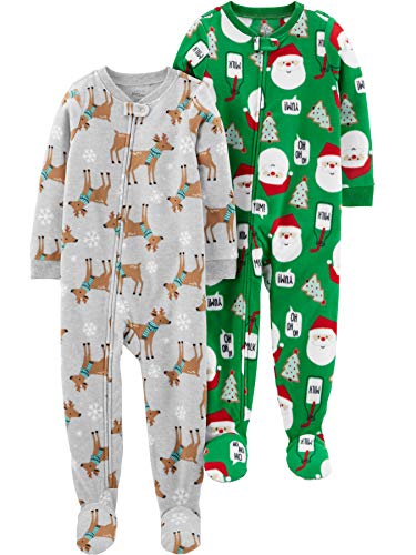 Simple Joys by Carter's Unisex Babies' Holiday Loose-Fit Flame Resistant Fleece Footed Pajamas, Pack of 2, Green Santa/Grey Heather Reindeer, 12 Months