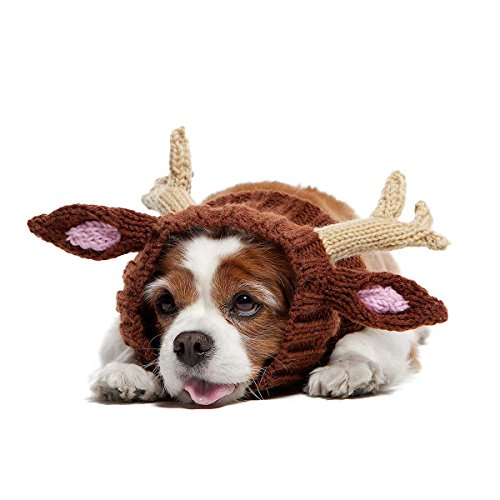 Zoo Snoods Reindeer Costume for Dogs & Cats, Medium - Warm No Flap Ear Wrap Hood for Pets, Dog Outfit for Winters, Halloween, Christmas & New Year, Soft Yarn Ear Covers - Deer Antlers