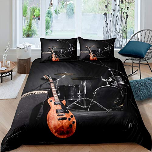 Feelyou Teens Guitar Bedding Set Rock Music Themed Duvet Cover for Kids Adults Musical Pattern Comforter Cover Drum Kit Instruments Bedspread Cover Bedroom Decor Quilt Cover 2Pcs Twin Size