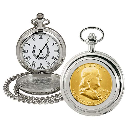 Coin Pocket Watch with Quartz Movement | Gold Layered Silver Franklin Half Dollar | Genuine U.S. Coin | Sweeping Second Hand, Roman Numerals | Silvertone Case | Certificate of Authenticity