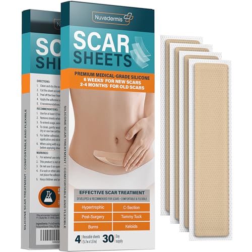 NUVADERMIS Silicone Scar Sheets - Extra Long Scar Sheets for C-Section, Tummy Tuck, Keloid, and Surgical Scars - Reusable Medical Grade Silicone Scar Sheets - Pack of 4 - Light Tone