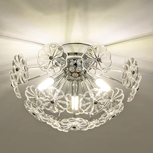 Modern Flush Mount Ceiling Light Fixtures, Chrome Flower Shape Chandeliers, 3-Light Farmhouse Close to Ceiling Lamp Fixture for Bedroom Closet Kitchen Living Room Hallway(Dia 13.8')