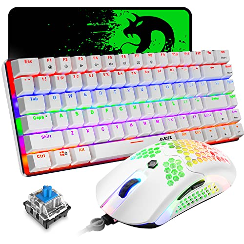 ZIYOU LANG 80% Mechanical Gaming Keyboard and Mouse Mousepad,3 in 1 Gaming Set,Rainbow LED Backlit,RGB 12000 DPI Lightweight Gaming Mouse with Honeycomb Shell,Large Mouse Pad for PC Gamer(White)