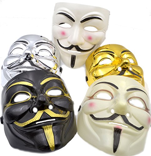 V for Vendetta Mask [5 PACK] Colors as shown - Great for Halloween Costumes | Anonymous | Guy Fawkes - Mens Mask (Black/White/Gold/Silver/Tan)