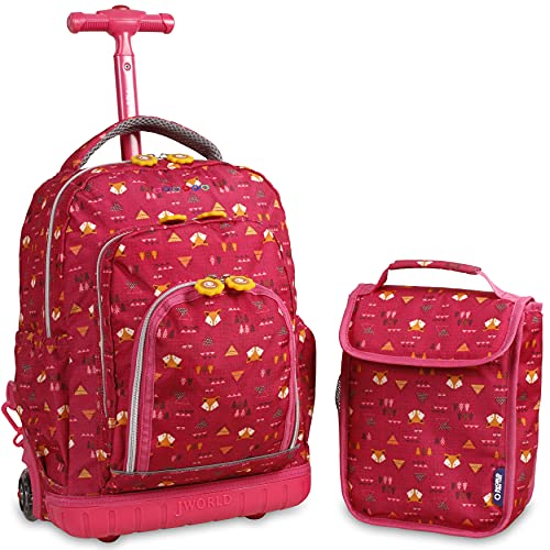 J World Lollipop Kids Rolling Backpack & Lunch Bag Set for Elementary School. Carry-On Suitcase with Wheels, Fox