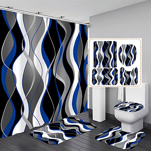 Nkzply 4 Pcs Blue and Black Striped Shower Curtain Set Grey and White Bathroom Sets Modern Home Bathroom Decor with Rugs and Toilet Lid Cover