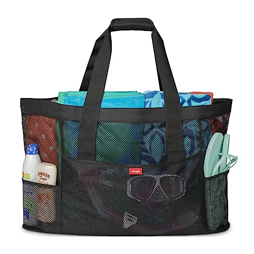 Extra Large Mesh Beach Bag - Mesh Beach Tote Waterproof Sandproof - Beach Accessories, Vacation Essentials - Pool Bag (Black) 