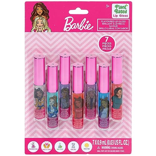 Townley Girl Barbie 7 pcs Kids Lip Gloss Set | Vegan Girls Makeup for Ages 3