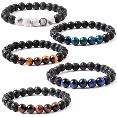 TIGERSTAR Natural Lava Rock Beads Bracelet,Stretch Elastic Bracelets,Adjustable Braided Rope Gemstone Bracelets for Men Women