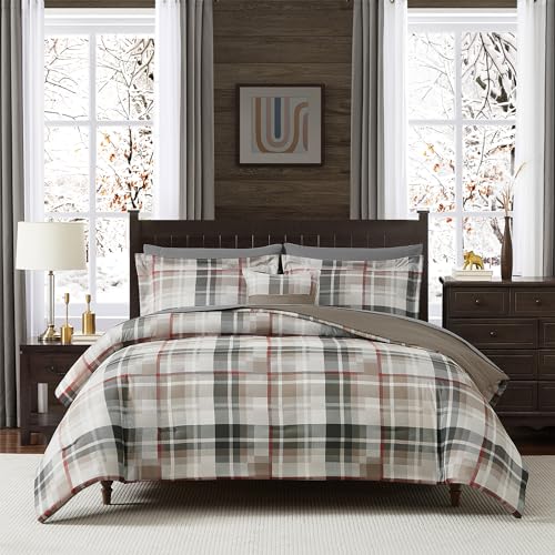 MaiRêve Queen Comforter Set, Plaid Design Comforter Set 7 Pieces, All Season Comfortable Bedding Sets Queen, Lightweight, Warm and Breathable (Khaki, Queen, 90'x90')