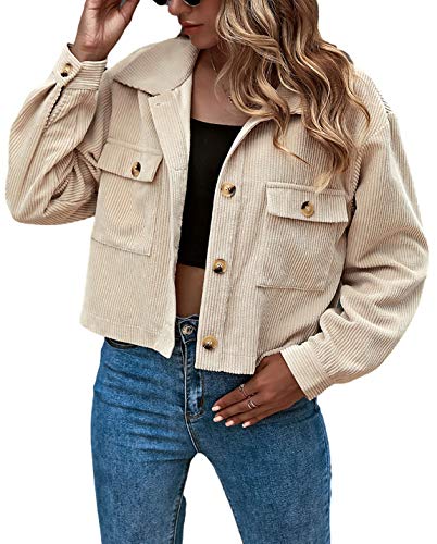 Gihuo Women's Fashion Cropped Shacket Button Down Corduroy Shacket Jackets Casual 2023 Fall Trendy Shirt Jacket （Apricot-M）