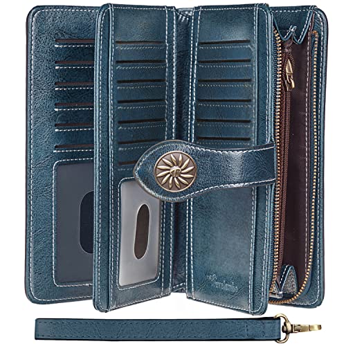 Travelambo Womens Wallet Large Capacity RFID Blocking Genuine Leather Wristlet Wallets(Peacock Blue)