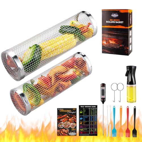 Everpeak Grill Basket Stainless Steel - Rolling Grilling Basket for Outdoor Grill - Large BBQ Tools Baskets for Grilling - Versatile and Convenient - Premium Food-grade Material
