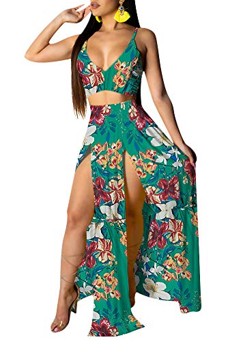 Aro Lora Women's Sexy V Neck Floral Printed Side Slit Chiffon Two-Piece Maxi Dress XX-Large Green
