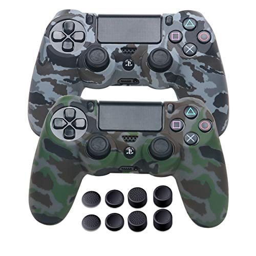 PS4 Controller Covers - Silicone Skin for DualShock 4 - Water Printed Protector Case Set for PS4, PS4 Slim, PS4 Pro - 2 Pack Camo PS4 Accessories- 4 Pairs PS4 Controller Grips - Gray & Green