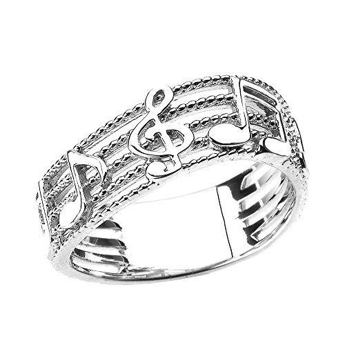 Treble Clef with Musical Notes in Sterling Silver Wavy Band (Size 15.75)