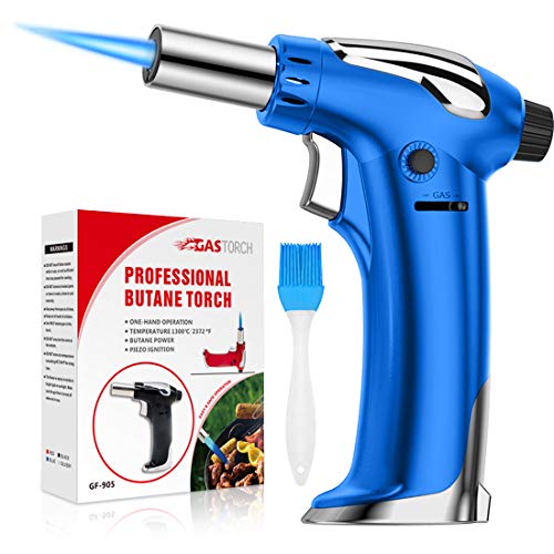 ZEBRE Butane Torch, Refillable Culinary Torch Kitchen Blow Torch Lighter with Adjustable Flame for Desserts, Creme Brulee, BBQ and Baking (Butane Gas Not Included) (Blue)