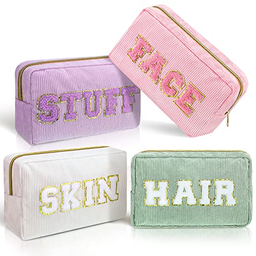 Pinkunn 4 Pcs Preppy Makeup Bags Christmas Gift Corduroy Chenille Letter Patch Bag Face Skin Hair Stuff Cosmetic Bag Travel Zipper Pouch Makeup Organizer for Girls Women(Purple, Pink, White, Green)