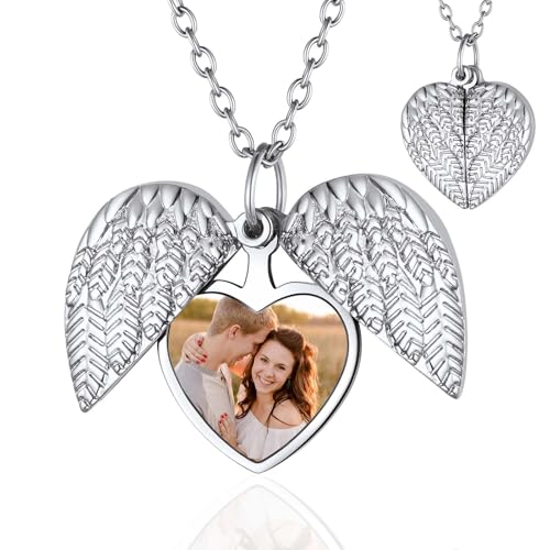FindChic Personalized Heart Locket Necklace Angel Wings Pendant with Photo Printing Platinum Plated Dainty Custom Full Color Picture Memorial Jewelry for Women Mom Loss of Father Gift