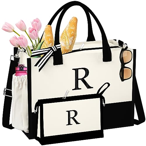 QLOVEA Reusable Canvas Tote Bag for Women, Initial Monogram Embroidery Beach Travel Tote with Makeup Bag, Inner Side Pocket, Personalized Gifts for Friend Birthday Mother Bridesmaid Teacher Letter R