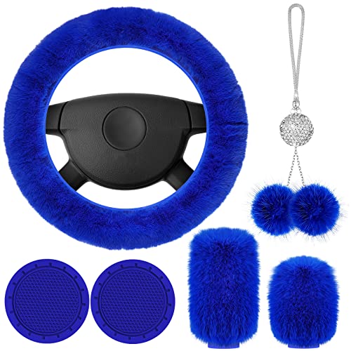 Frienda 6 Pieces Fluffy Car Accessories Set Fluffy Steering Wheel Cover Soft Fuzz Handbrake Cover Gear Shift Cover Bling Car Mirror Fuzz Car Decoration 2 Pieces Bling Car Pad (Blue, Short Hair)
