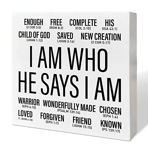 Christian Desk Wooden Box Sign Decor, I Am Who He Says I am, Home Office Religious Motivational Decor Scripture Bible Verse Desk Decoration Inspirational Christian Baptism Gifts for Women Men