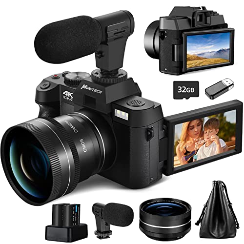 Mo Digital Camera for Photography and Video,4K 48MP Vlogging Camera for YouTube with 180° Flip Screen,16X Digital Zoom,52mm Wide Angle & Macro Lens, 2 Batteries, 32GB TF Card