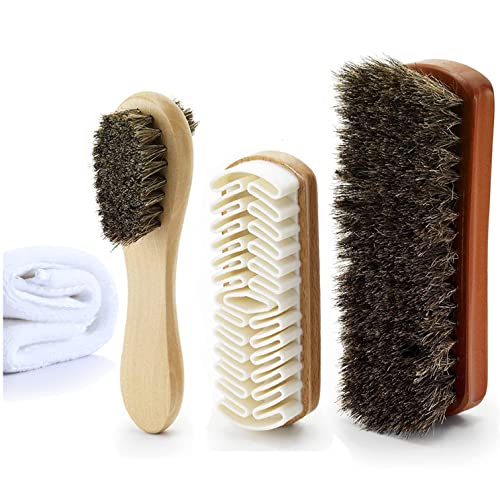Variety Shoe Brush Kit - Double-Sided Shoe Polish Applicator & Horse Hair Brushes for Polishing - Nubuck & Suede Brush for Shoes, Soft Leather Cleaning with Microfiber Cloth