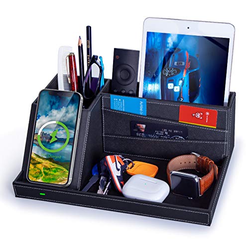 Valet Tray, Built in Wireless Charging Pad, Nightstand Organizer, Dresser Organizer, Mens Jewelry Box, Valet Charging Station, Faux Leather Valet Tray for Men and Women (Black+Wireless)
