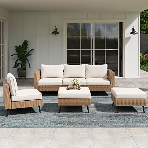 LAUSAINT HOME Outdoor Patio Furniture, 6 Piece Outdoor Sectional Sofa PE Rattan Wicker Patio Conversation Sets, All Weather Patio Furniture Set with Thick Cushions for Garden, Poolside,Backyard(Beige)