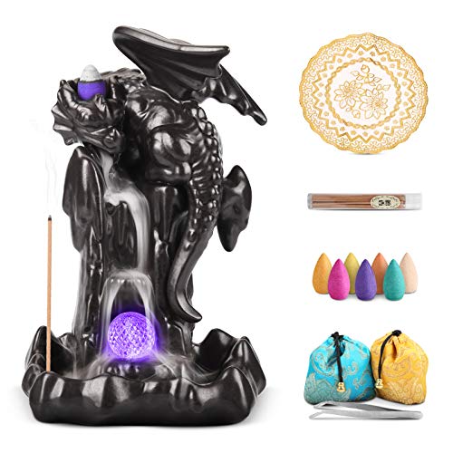 YAJODI Dragon Backflow Incense Holder Waterfall Incense Burner, Smoke Incense Holder with 70 Incense Cones+50 Incense Stick,1 Mat,1 Tweezers Aromatherapy Ornament Home Decor（Black Brown）