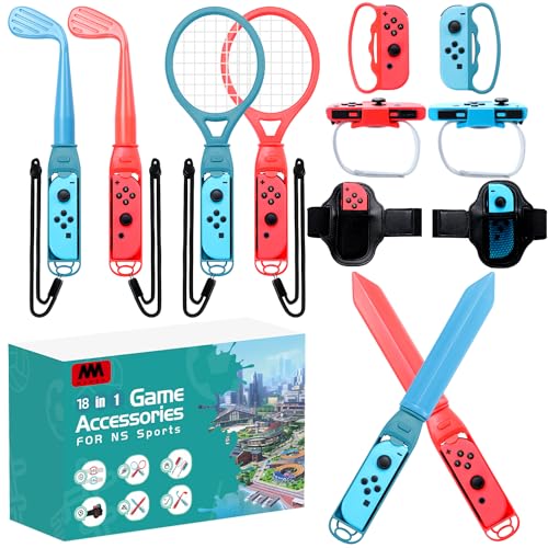 Mumba Switch Sports Accessories Bundle, 18 in 1 Family Accessories Kit for Nintendo Switch/Switch OLED Sports Games: Golf Clubs, Tennis Rackets, Sword Grips, Bowling Ball Grips, Wrist & Leg Straps