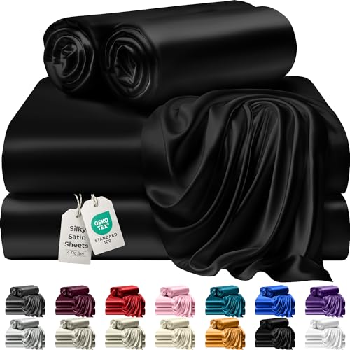 DECOLURE Silky Satin Bed Sheets Set, (Queen Size) Black