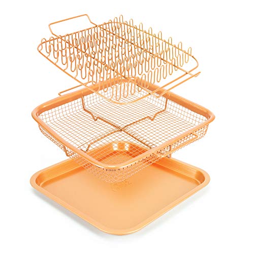 EaZy MealZ Crisping Basket & Tray Set | Air Fry Crisper Basket | Tray & Grease Catcher | Even Cooking | Non-Stick | Healthy Cooking (9' x 10', Copper)