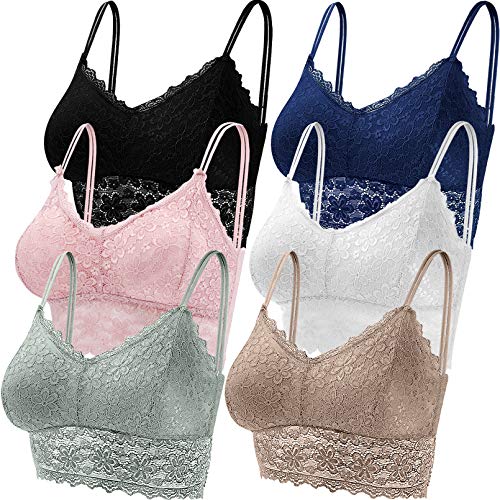 Duufin 6 Pieces Lace Bralettes with Straps Removable Pads Bralette for Women (Black，Whtie，Navy，Pink，Olive，Khaki, M)