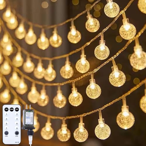 Minetom Globe String Lights - Plug in 33 ft 100 LED Crystal Globe Fairy Lights with 8 Lighting Modes and Remote for Patio Yard Porch Garden Pool Tent Beach Bedroom Wedding Party Decor, Warm White