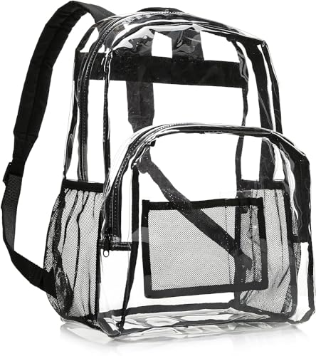 Amazon Basics Transparent School Backpack, With Water-Resistant PVC Plastic Material and Ruggedly Ruinforced Shoulder Straps, Clear