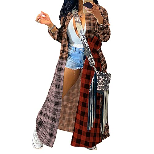 Janepam Women Windbreaker Duster Coat Plaid Patchwork Multi-Colorful Button-Down Maxi-Long Jacket Trench Outerwear Shacket(A Wine,XL)