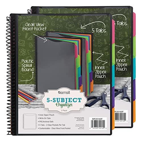 Samsill 10 Pocket Spiral Project Folder Organizer with 5 Dividers, 2 Pack, Customizable Front Cover, Erasable Write On Tabs in Fashion Colors, Plastic Folders with Pockets