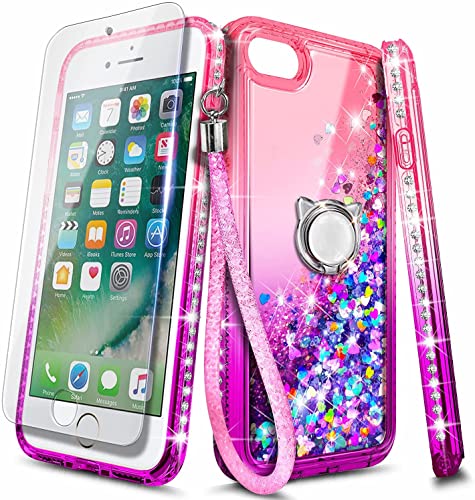 NGB Compatible for iPhone 8 Plus Case, iPhone 7 Plus /6 Plus /6S Plus with Tempered Glass Screen Protector, Ring Holder, Girls Women Kids Liquid Bling Sparkle Glitter Cute Case (Pink/Purple)