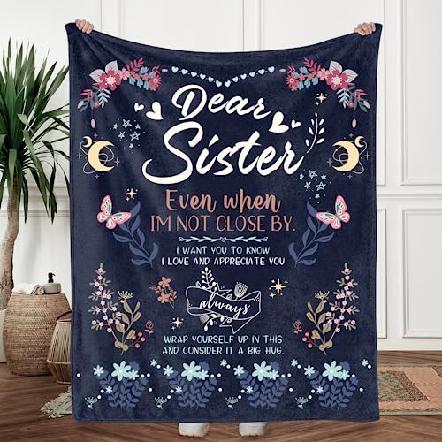 BeneCharm Sister Gifts Blanket, Sister Gifts from Sister, Blanket Present for Sisters on Christmas, Happy Birthday Sister, to My Sister Gift Throw Blanket 50'' x 60'',Navy Blue