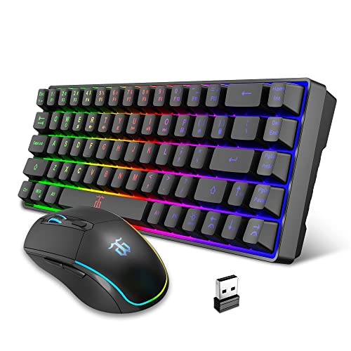 Snpurdiri 60% Wireless Gaming Keyboard and Mouse Combo,LED Backlit Rechargeable 2000mAh Battery,Small Membrane But Mechanical Keyboard + Popular RGB Mice for Gaming,Business Office