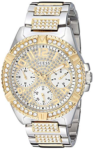 GUESS Stainless Steel + Gold-Tone Crystal Watch with Day, Date + 24 Hour Military/Int'l Time. Color: Silver/Gold-Tone (Model: U1156L5)