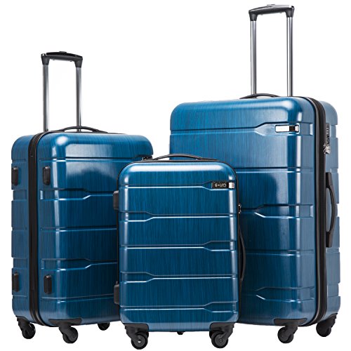Coolife Luggage Expandable 3 Piece Sets PC+ABS Spinner Suitcase 20 inch 24 inch 28 inch (Caribbean Blue., 3 piece set)