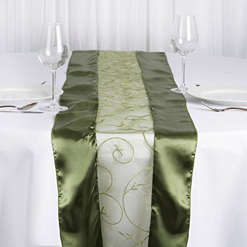 BalsaCircle 14 x 108-Inch Willow Green Satin Edges and Embroidered Organza Table Top Runner - Wedding Party Linens Decorations