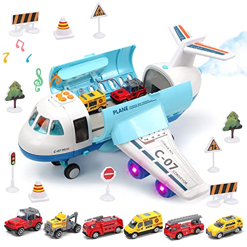 CUTE STONE Toy Airplane Plane Toy with Smoke, Sound and Light, Fricton Powered Airplane with Mini Cars, for Boys and Girls