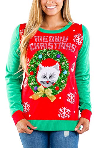 Tipsy Elves Ugly Christmas Sweater for Women Meowy Christmas Adorable Kitten in a Wreath Red and Green Holiday Pullover Size S