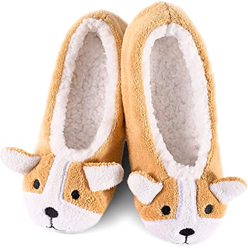 TRENSOM Fun Cute Fuzzy Slipper Socks for Women with Grippers Non Slip House Socks, Corgi Fuzzy Socks Fuzzy Animal Socks Corgi Gifts for Corgi Lovers
